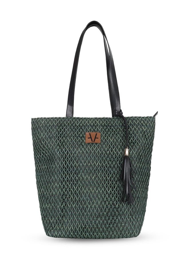 Avake Azure Cross Tote Bag with Raffia and Vegan Leather Accents | Fits 14-Inch Laptop | Stylish & Durable | Lightweight Shoulder Bag for Work, Travel & Daily Use | Made in India - Image 1